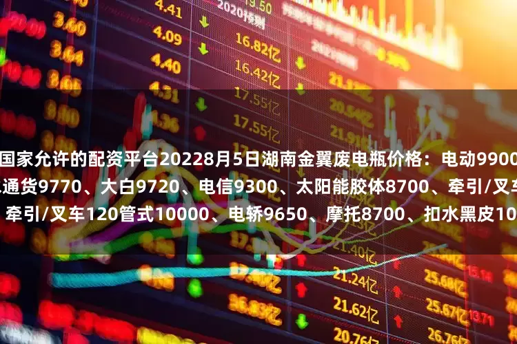 国家允许的配资平台20228月5日湖南金翼废电瓶价格：电动9900、汽车（黑皮）8650、无水通货9770、大白9720、电信9300、太阳能胶体8700、牵引/叉车120管式10000、电轿9650、摩托8700、扣水黑皮10120。（单位：元/吨）